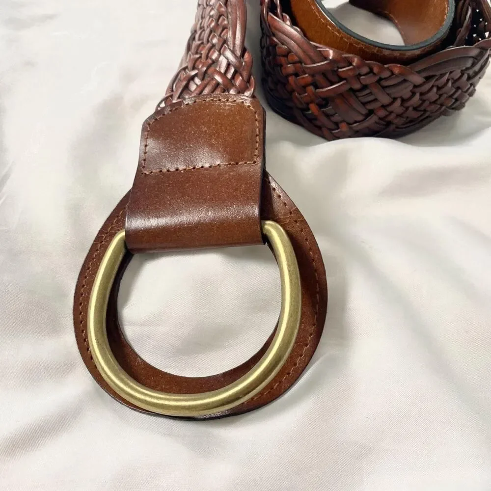 Chunky Wide Boho Braided Brown Leather Waist Belt Brassy Gold Clasp 50